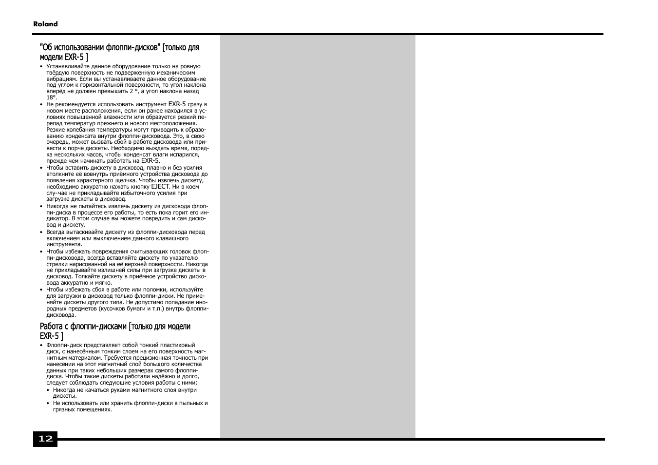 Работа с флоппи-дисками [только для модели exr-5 | Roland EXR-5 User Manual | Page 12 / 134