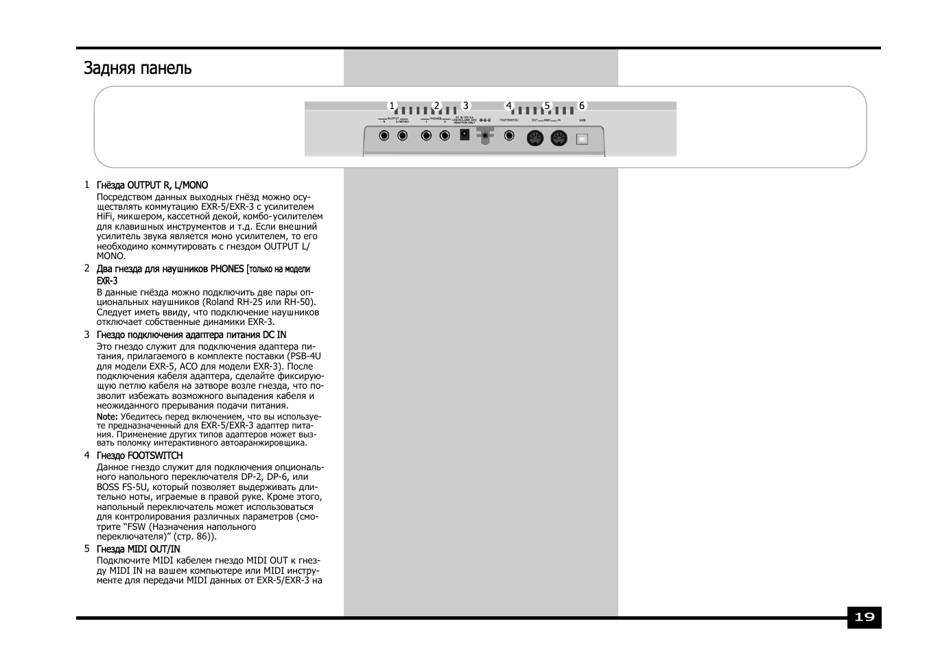 Задняя панель | Roland EXR-5 User Manual | Page 19 / 134