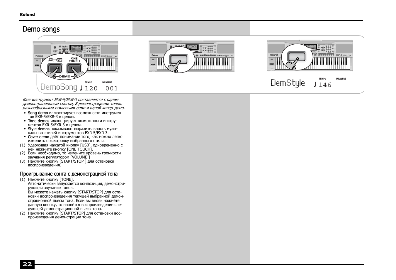 Demosong, Demstyle, Demo songs | Roland EXR-5 User Manual | Page 22 / 134