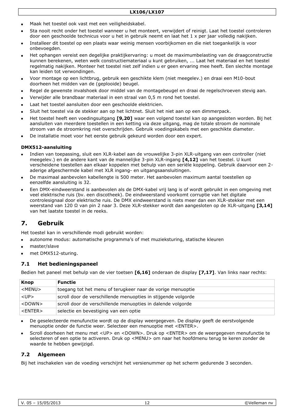 Dmx512-aansluiting, Gebruik, 1 het bedieningspaneel | 2 algemeen | Velleman LX106 User Manual | Page 12 / 38
