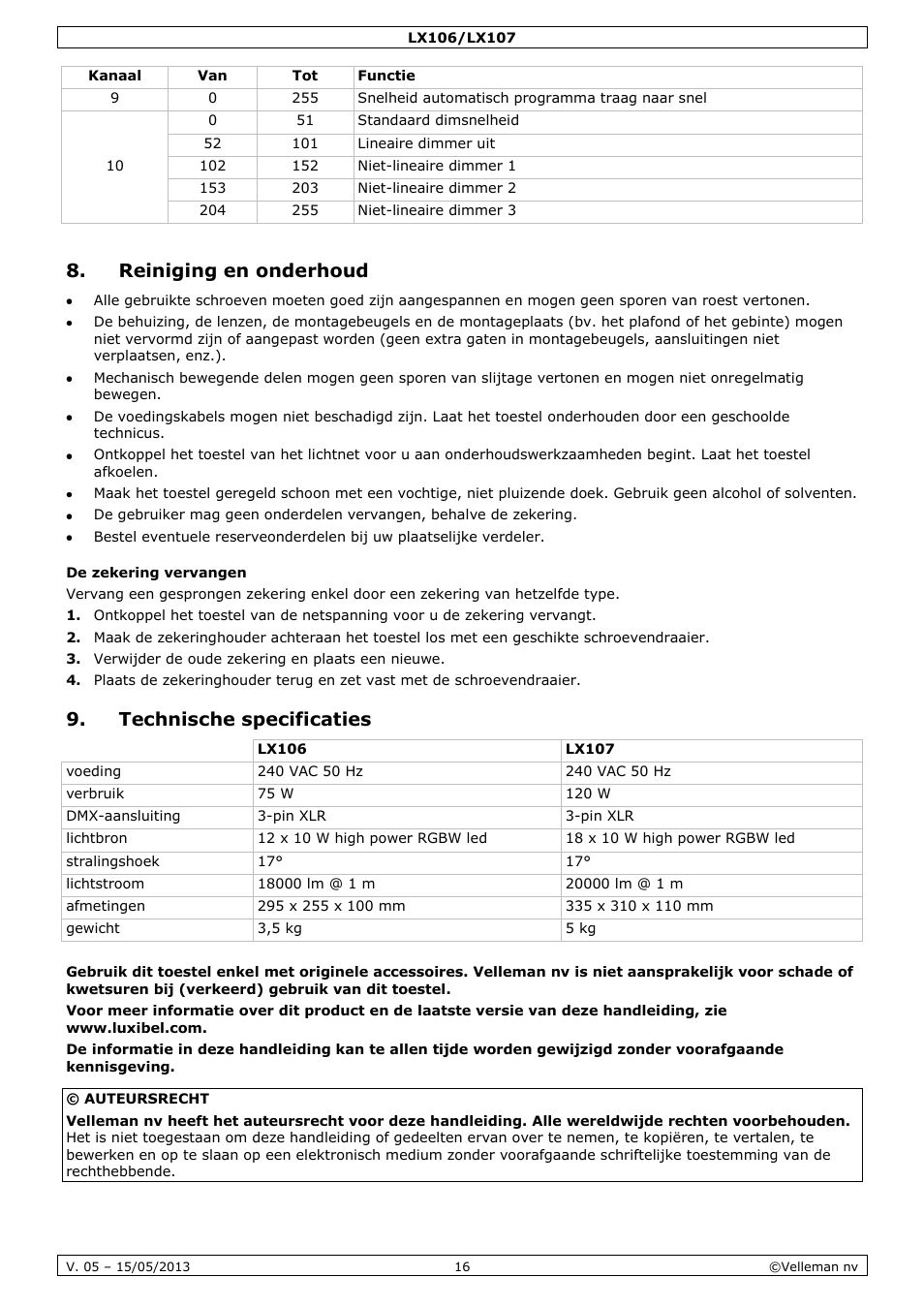 Reiniging en onderhoud, De zekering vervangen, Technische specificaties | Velleman LX106 User Manual | Page 16 / 38