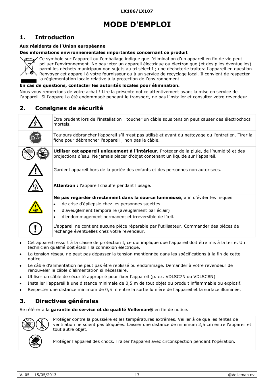 Mode d'emploi, Introduction, Consignes de sécurité | Directives générales | Velleman LX106 User Manual | Page 17 / 38
