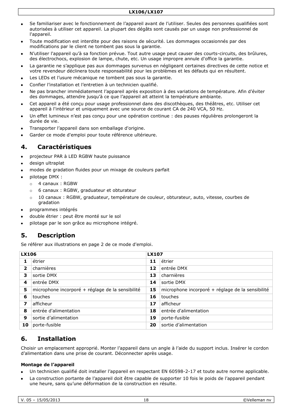 Caractéristiques, Description, Installation | Montage de l’appareil | Velleman LX106 User Manual | Page 18 / 38
