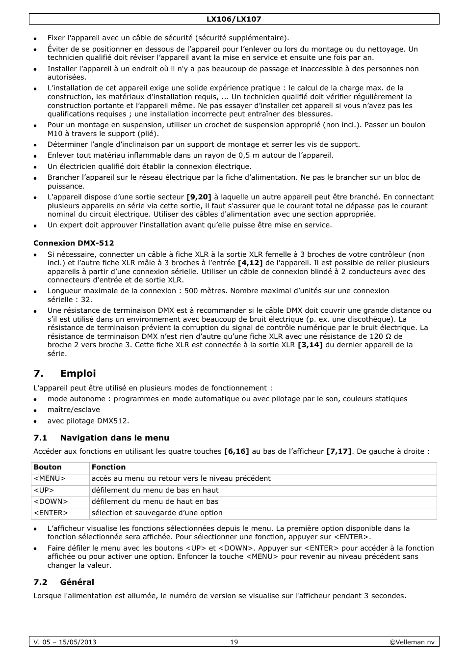 Connexion dmx-512, Emploi, 1 navigation dans le menu | 2 général | Velleman LX106 User Manual | Page 19 / 38