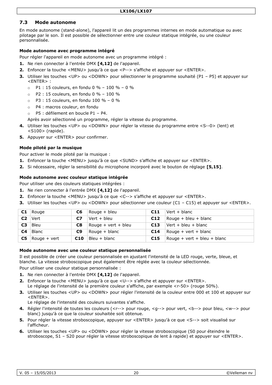 3 mode autonome, Mode autonome avec programme intégré, Mode piloté par la musique | Mode autonome avec couleur statique intégrée | Velleman LX106 User Manual | Page 20 / 38