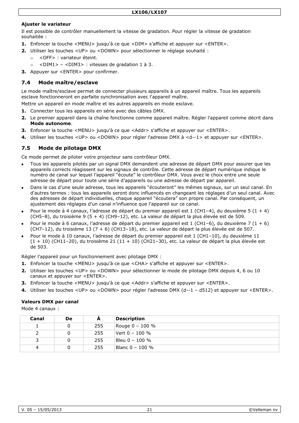 Ajuster le variateur, 4 mode maître/esclave, 5 mode de pilotage dmx | Valeurs dmx par canal | Velleman LX106 User Manual | Page 21 / 38