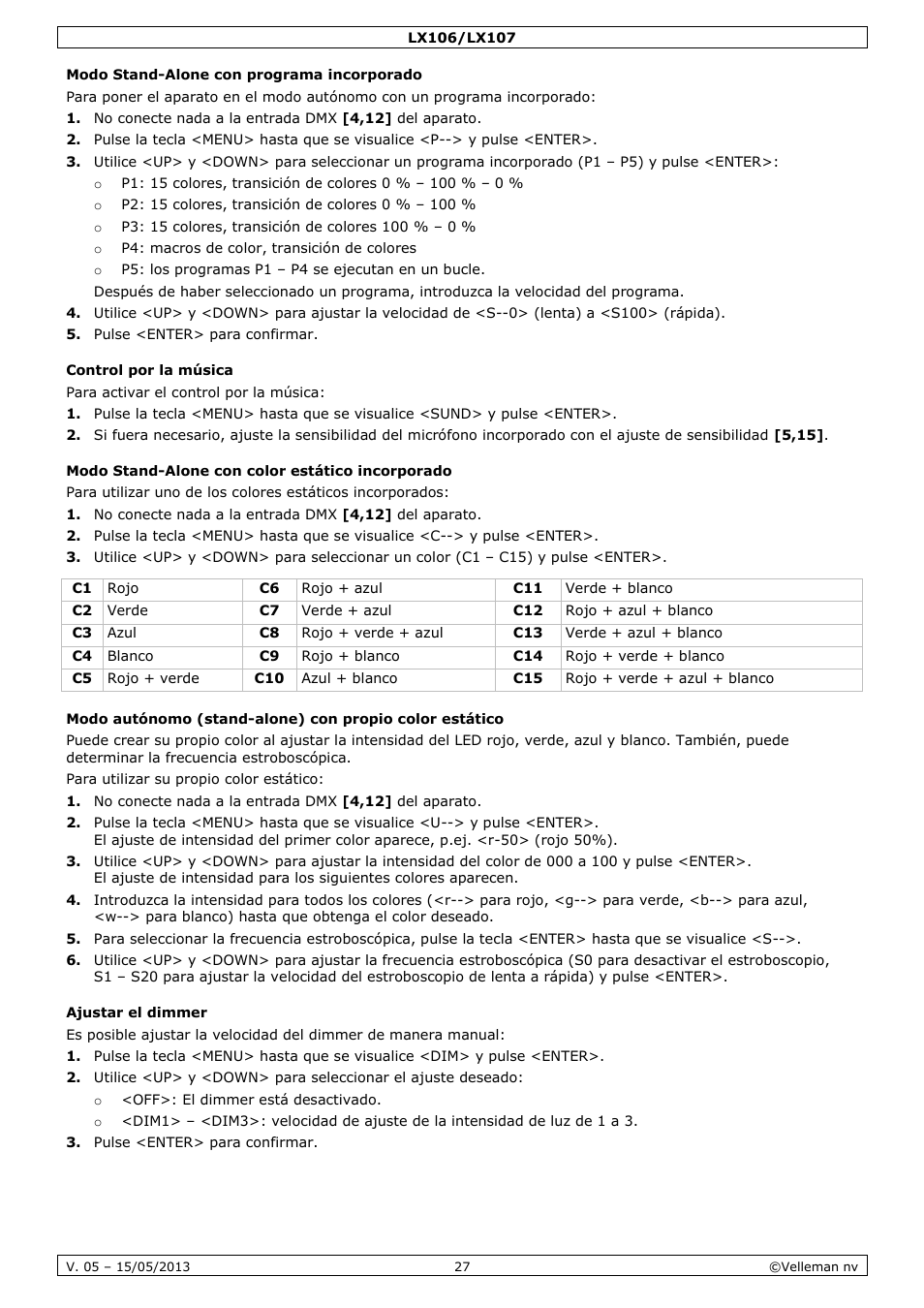Modo stand-alone con programa incorporado, Control por la música, Modo stand-alone con color estático incorporado | Ajustar el dimmer | Velleman LX106 User Manual | Page 27 / 38