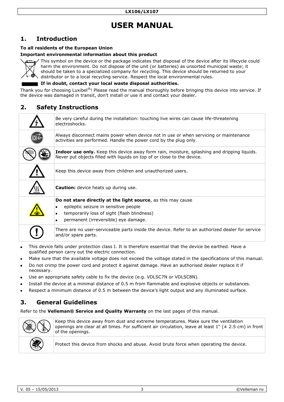 User manual, Introduction, Safety instructions | General guidelines | Velleman LX106 User Manual | Page 3 / 38