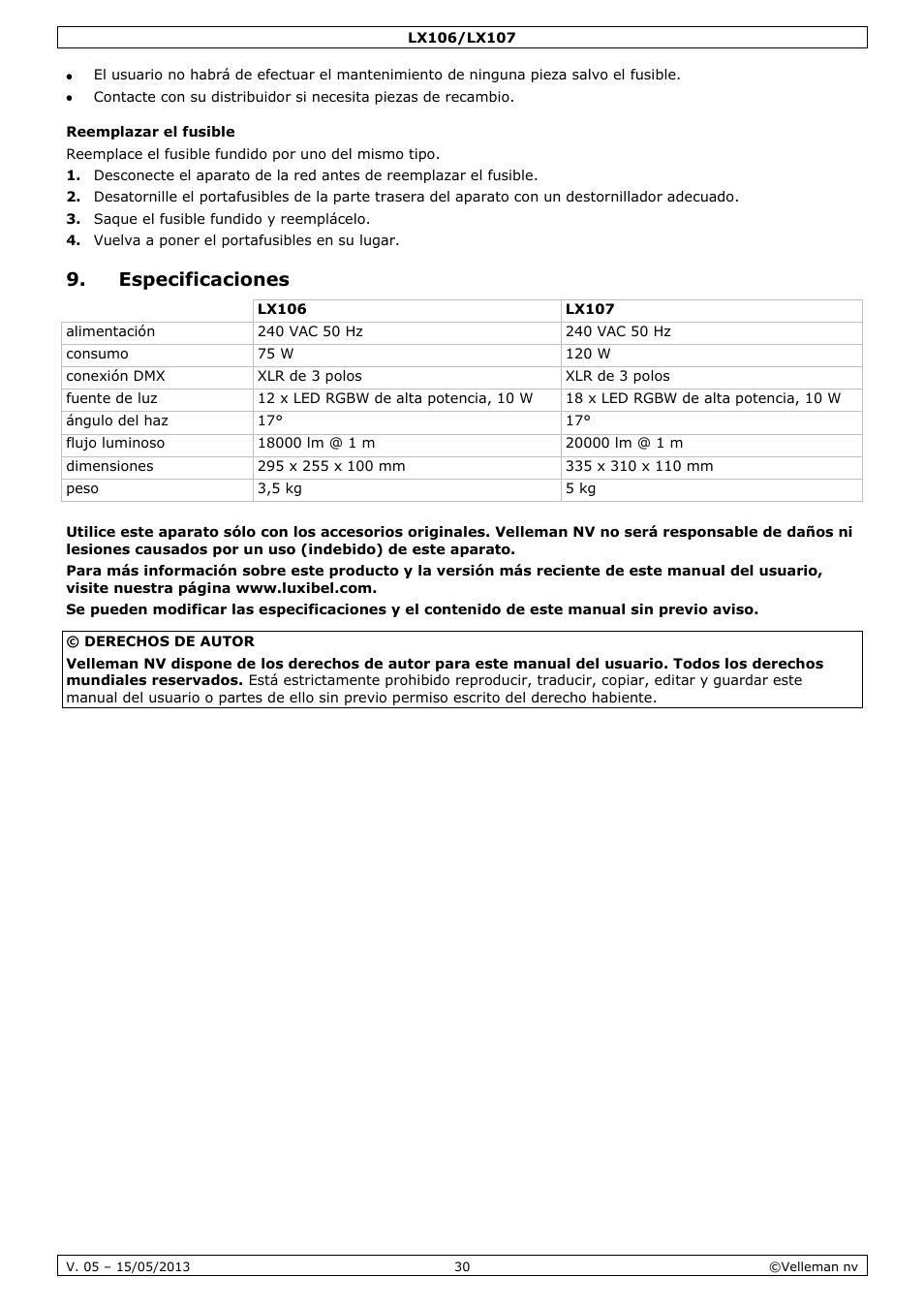 Reemplazar el fusible, Especificaciones | Velleman LX106 User Manual | Page 30 / 38