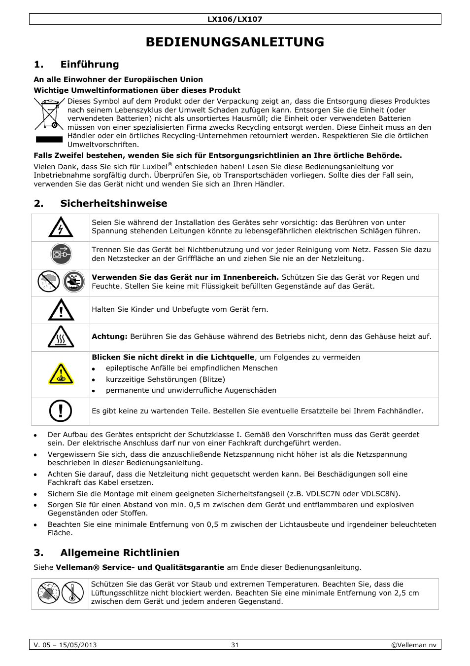 Bedienungsanleitung, Einführung, Sicherheitshinweise | Allgemeine richtlinien | Velleman LX106 User Manual | Page 31 / 38