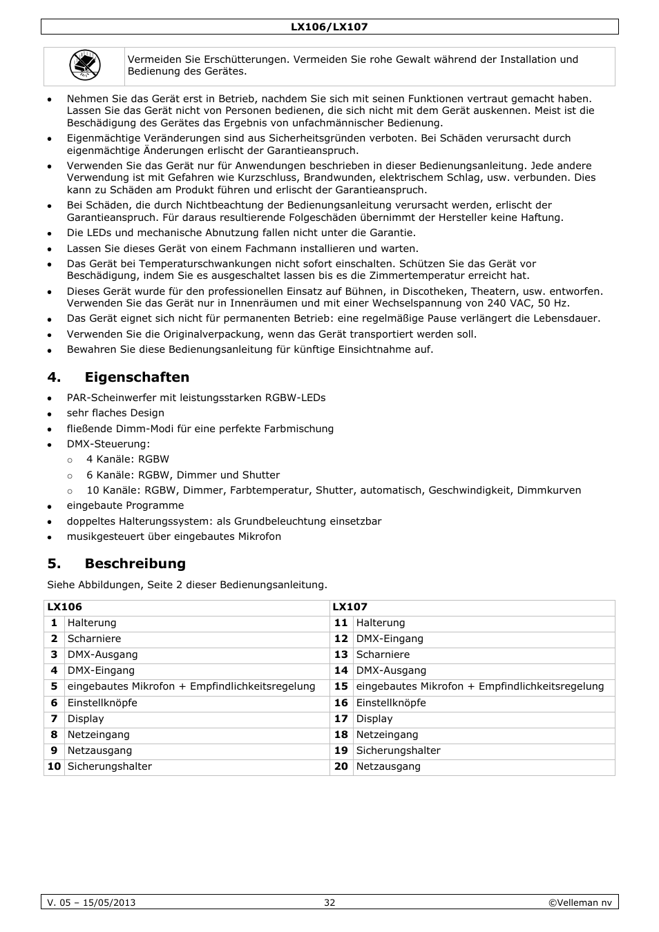 Eigenschaften, Beschreibung | Velleman LX106 User Manual | Page 32 / 38