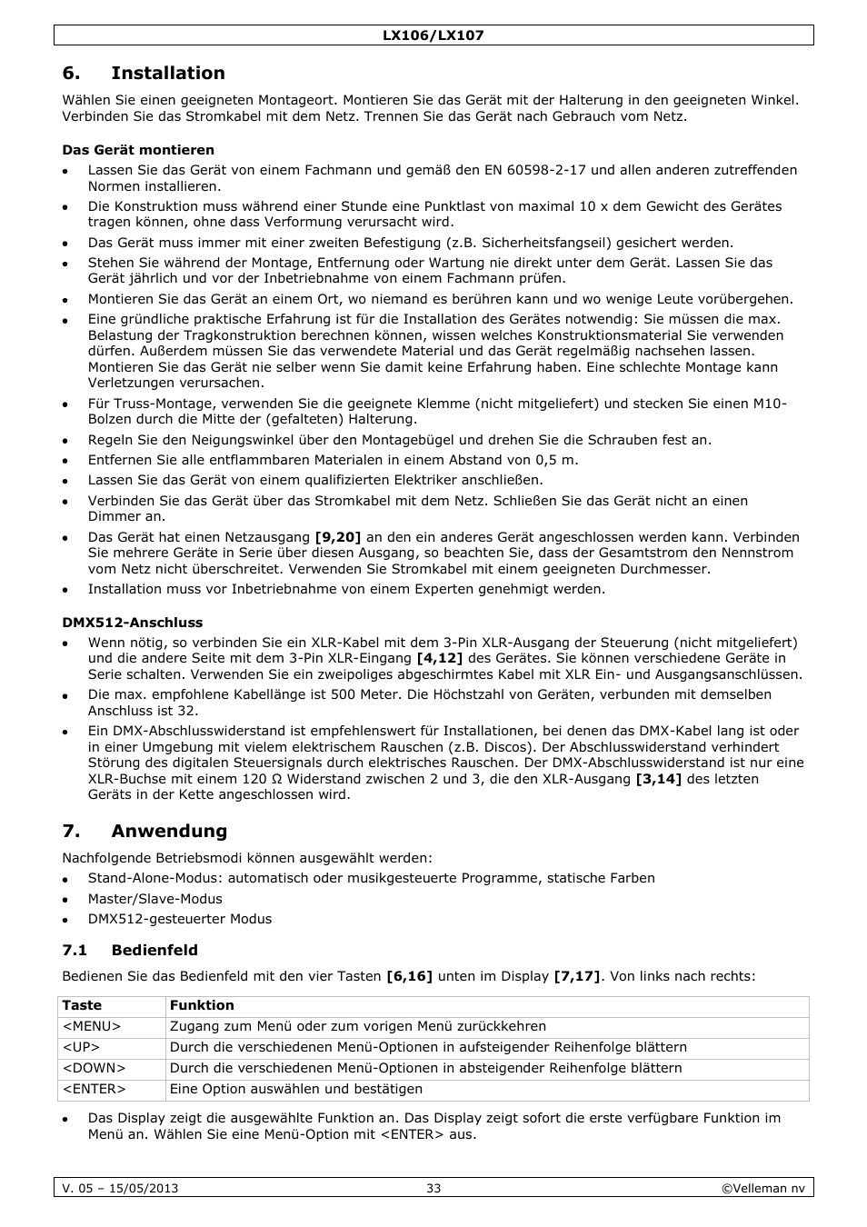 Installation, Das gerät montieren, Dmx512-anschluss | Anwendung, 1 bedienfeld | Velleman LX106 User Manual | Page 33 / 38