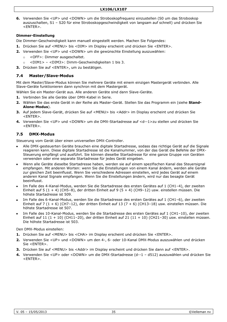Dimmer-einstellung, 4 master/slave-modus, 5 dmx-modus | Velleman LX106 User Manual | Page 35 / 38