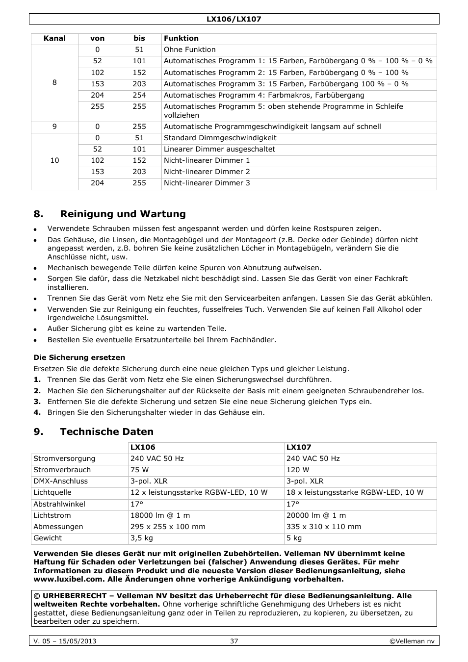 Reinigung und wartung, Die sicherung ersetzen, Technische daten | Velleman LX106 User Manual | Page 37 / 38