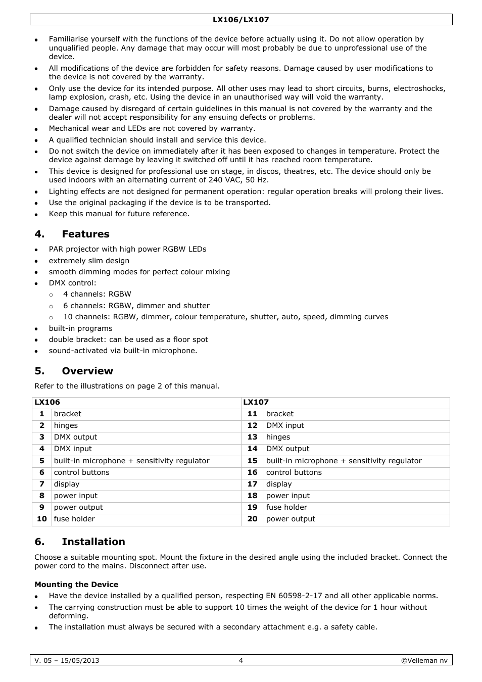 Features, Overview, Installation | Mounting the device | Velleman LX106 User Manual | Page 4 / 38