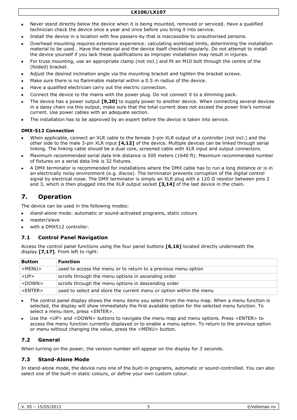Dmx-512 connection, Operation, 1 control panel navigation | 2 general, 3 stand-alone mode | Velleman LX106 User Manual | Page 5 / 38