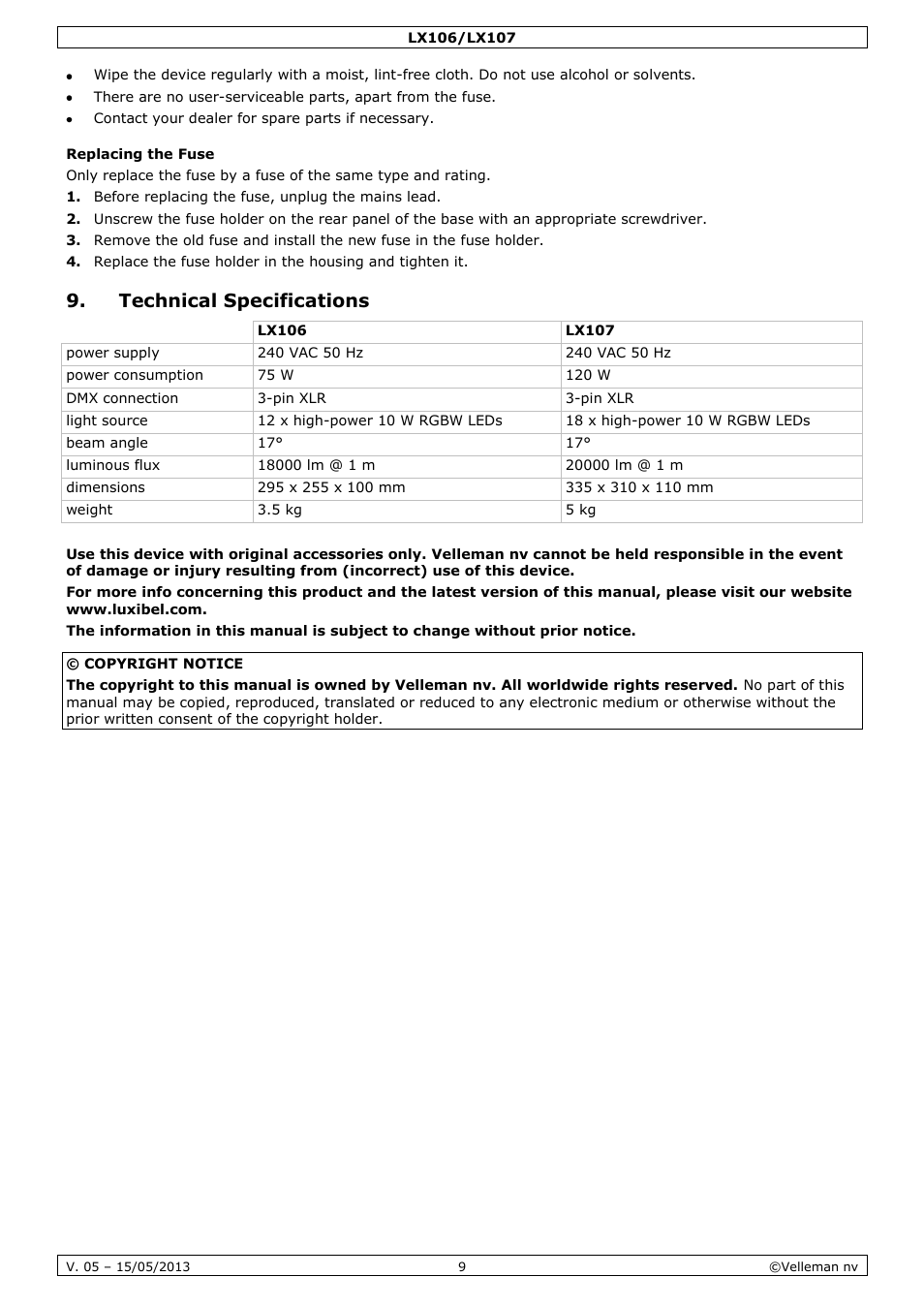 Replacing the fuse, Technical specifications | Velleman LX106 User Manual | Page 9 / 38