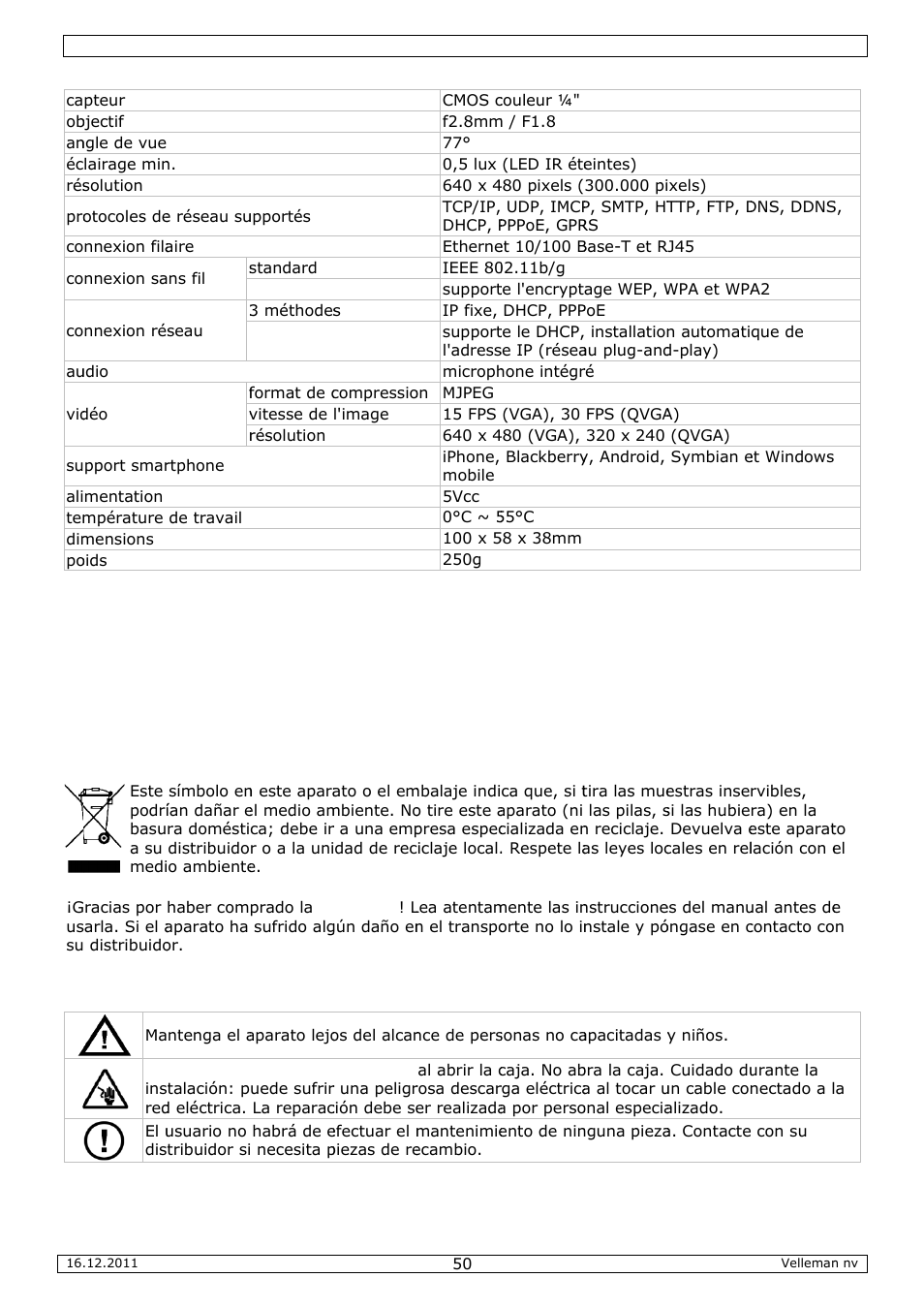 Manual del usuario, Manua, Al del u | Suario | Velleman CAMIP10 User Manual | Page 50 / 102