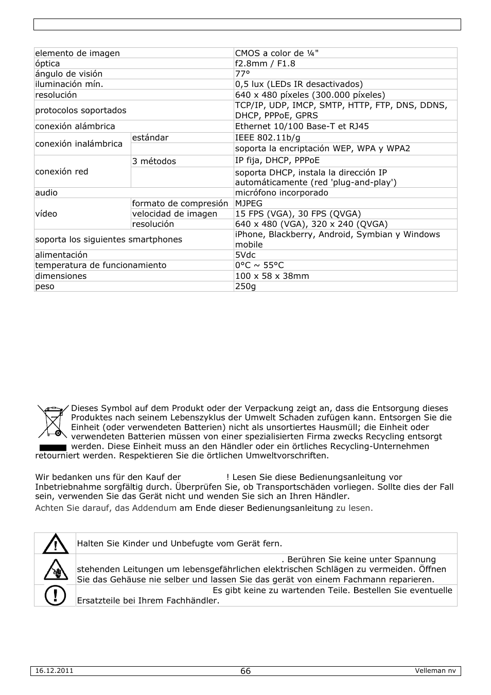 Bedienungsanleitung, Bedien, Ungsan | Nleitung | Velleman CAMIP10 User Manual | Page 66 / 102