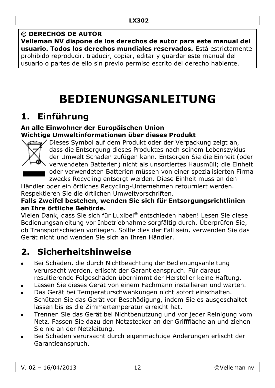 Bedienungsanleitung, Einführung, Sicherheitshinweise | Velleman LX302 User Manual | Page 12 / 16