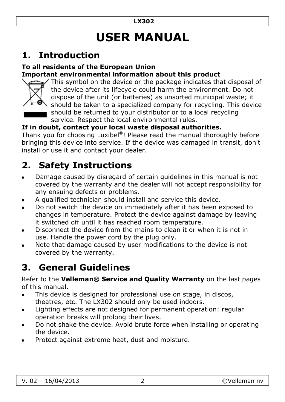 User manual, Introduction, Safety instructions | General guidelines | Velleman LX302 User Manual | Page 2 / 16