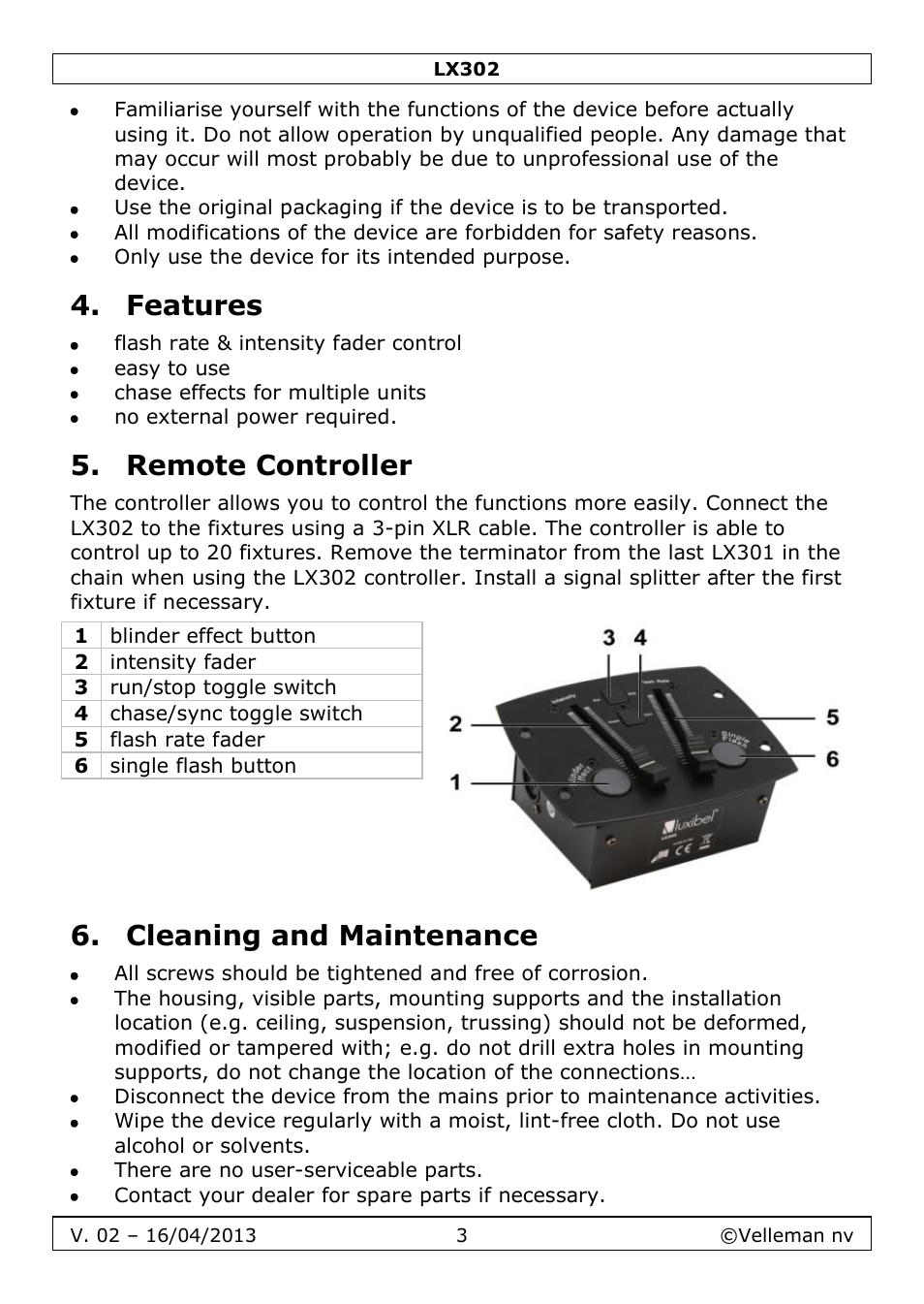 Features, Remote controller, Cleaning and maintenance | Velleman LX302 User Manual | Page 3 / 16