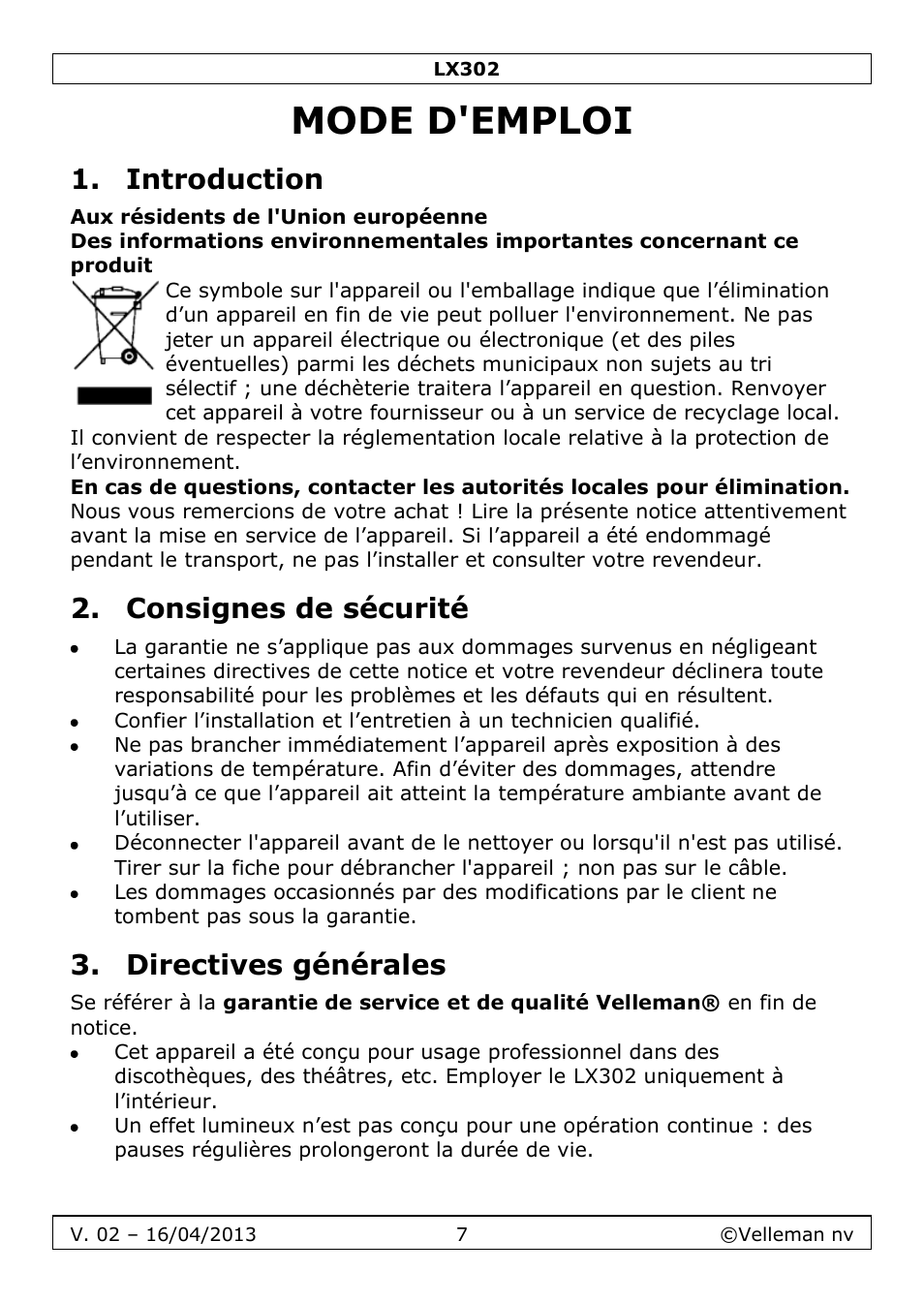 Mode d'emploi, Introduction, Consignes de sécurité | Directives générales | Velleman LX302 User Manual | Page 7 / 16