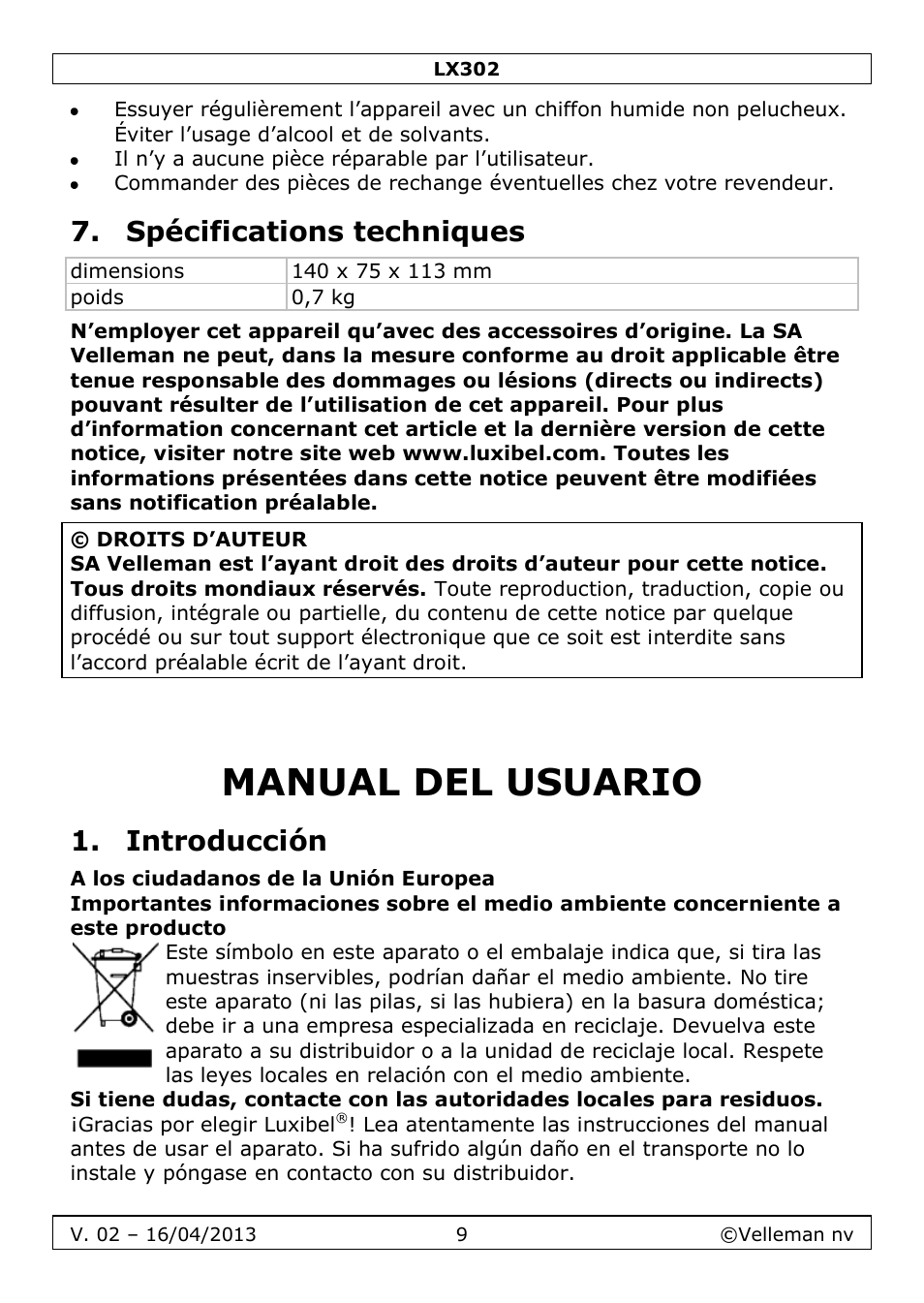 Spécifications techniques, Manual del usuario, Introducción | Velleman LX302 User Manual | Page 9 / 16