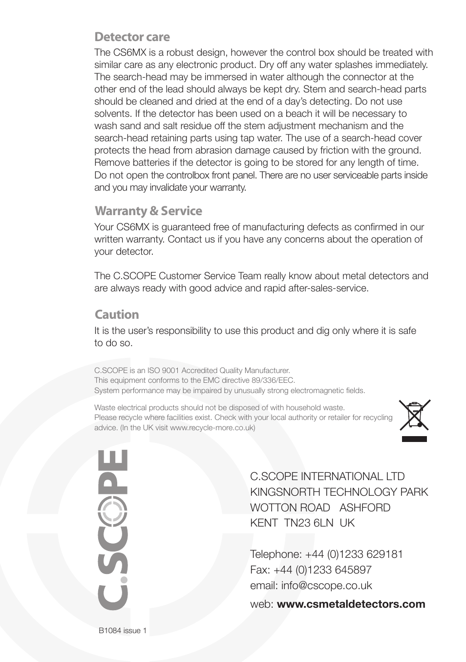 Warranty & service, Detector care caution | Velleman CS6MX-I User Manual | Page 12 / 12