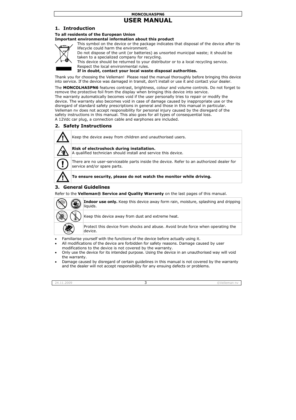 User manual | Velleman MONCOLHA5PN6 User Manual | Page 3 / 19