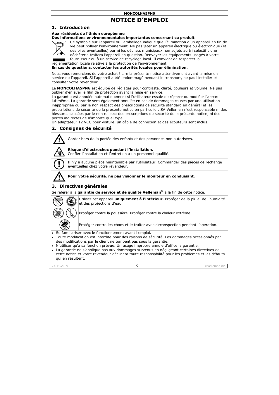 Notice d’emploi | Velleman MONCOLHA5PN6 User Manual | Page 9 / 19