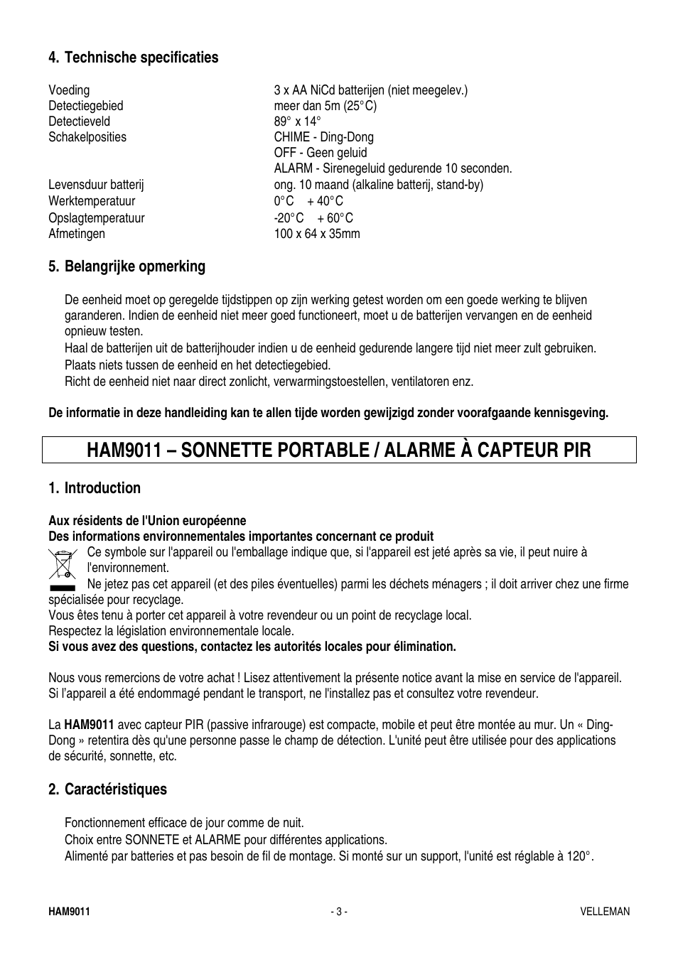 Ham9011 – sonnette portable / alarme à capteur pir | Velleman HAM9011 User Manual | Page 3 / 6