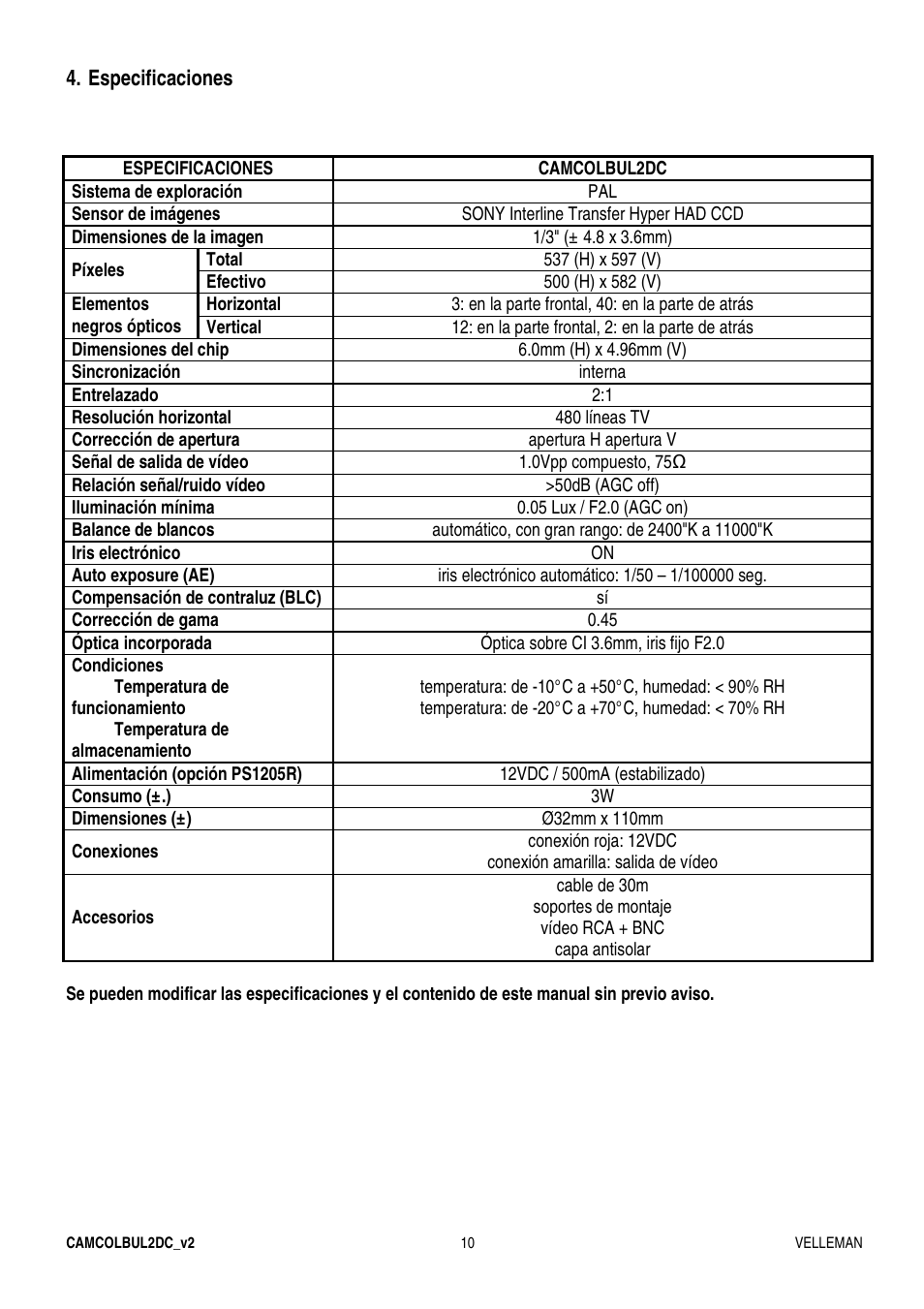 Velleman CAMCOLBUL2DC User Manual | Page 10 / 12