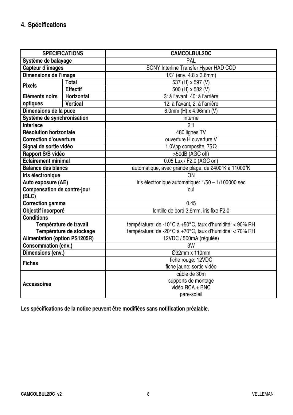 Velleman CAMCOLBUL2DC User Manual | Page 8 / 12