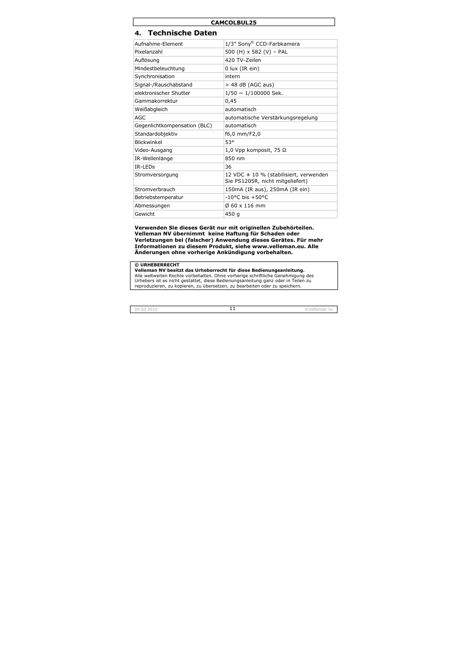 Technische daten | Velleman CAMCOLBUL25 User Manual | Page 11 / 15