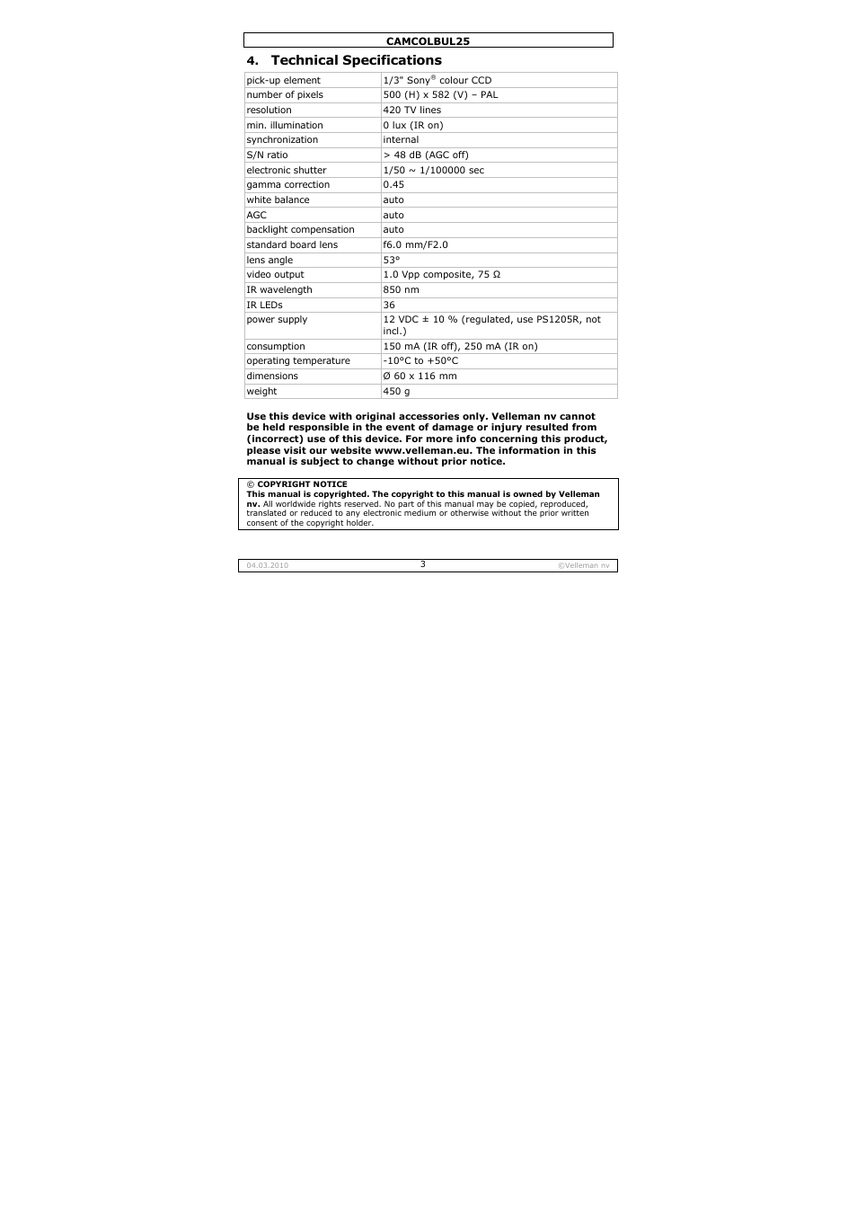 Technical specifications | Velleman CAMCOLBUL25 User Manual | Page 3 / 15