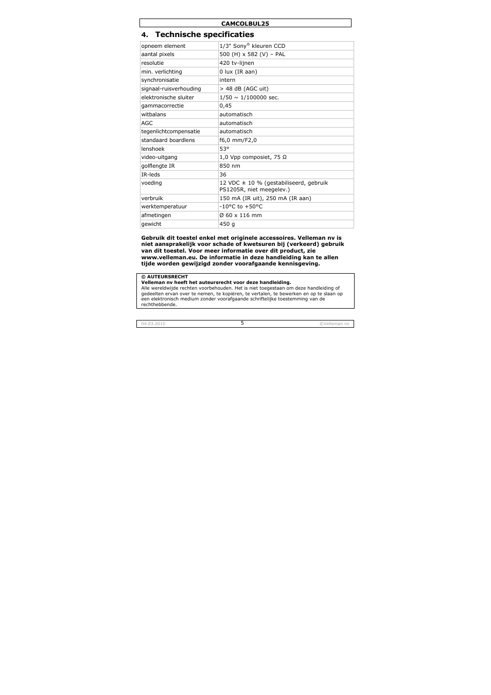 Technische specificaties | Velleman CAMCOLBUL25 User Manual | Page 5 / 15