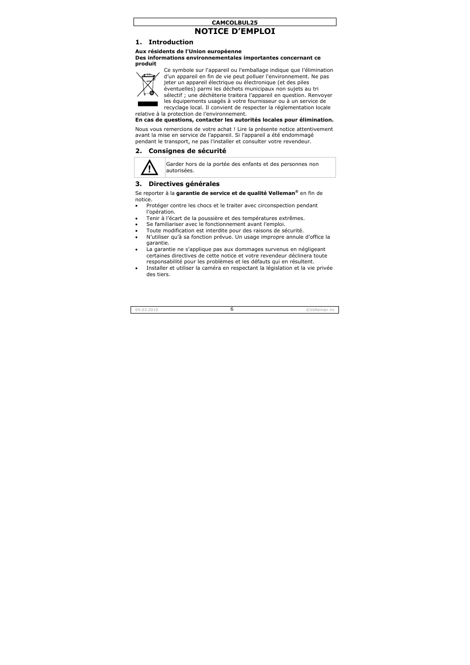 Notice d’emploi | Velleman CAMCOLBUL25 User Manual | Page 6 / 15