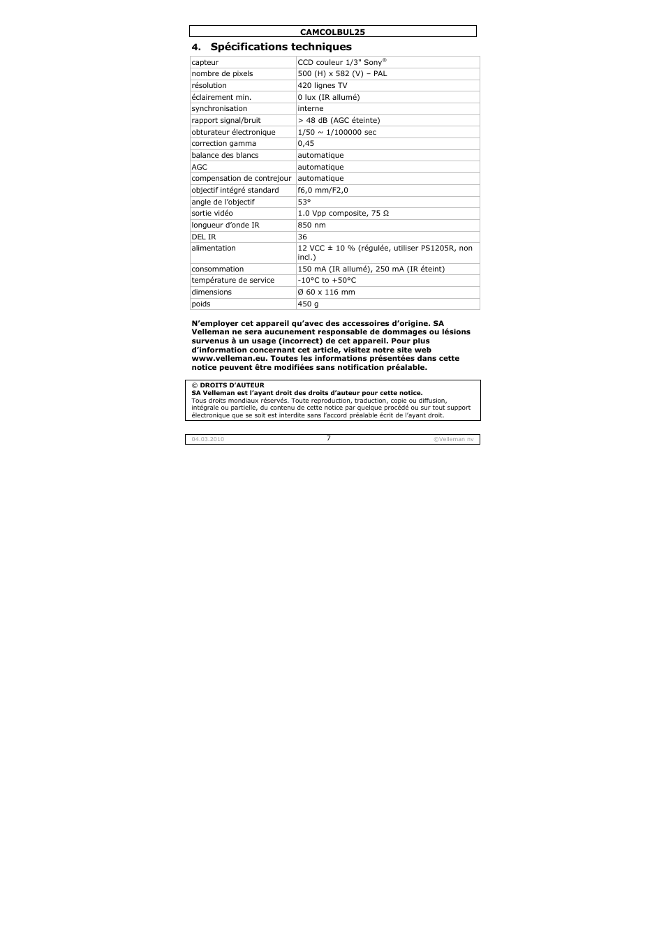 Spécifications techniques | Velleman CAMCOLBUL25 User Manual | Page 7 / 15