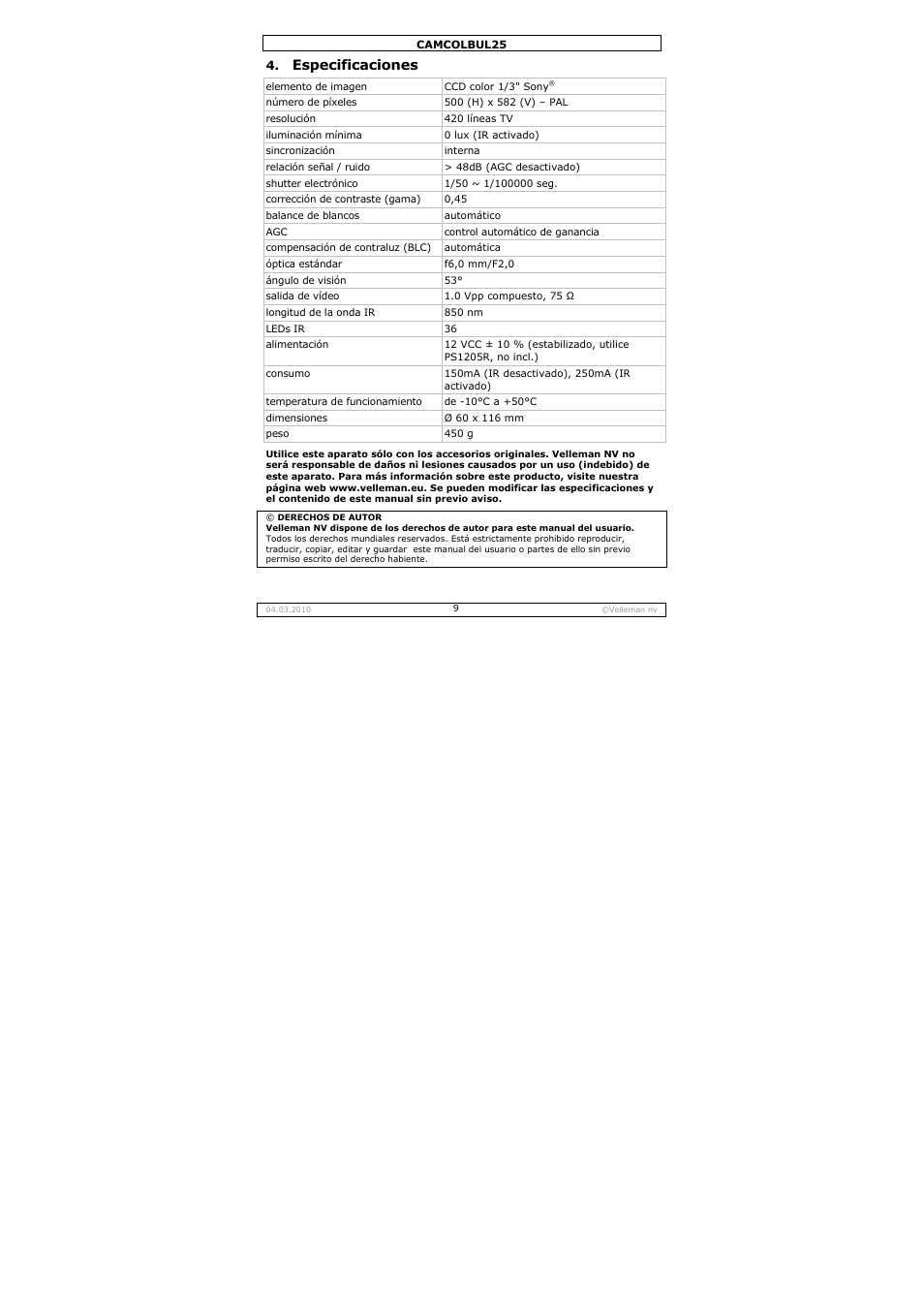 Especificaciones | Velleman CAMCOLBUL25 User Manual | Page 9 / 15