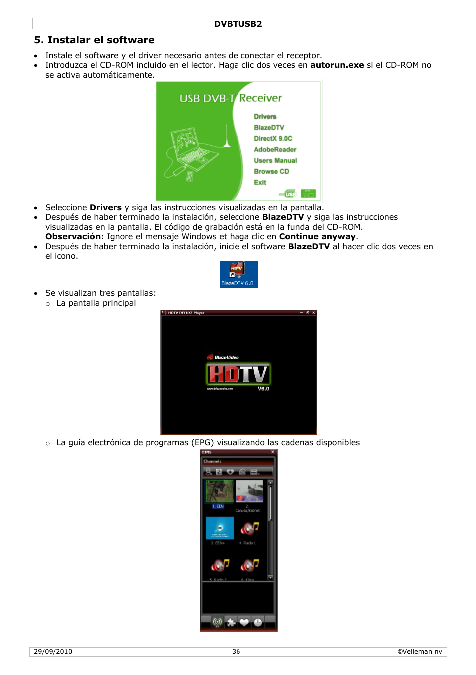 Instalar el software | Velleman DVBTUSB2 User Manual | Page 36 / 58