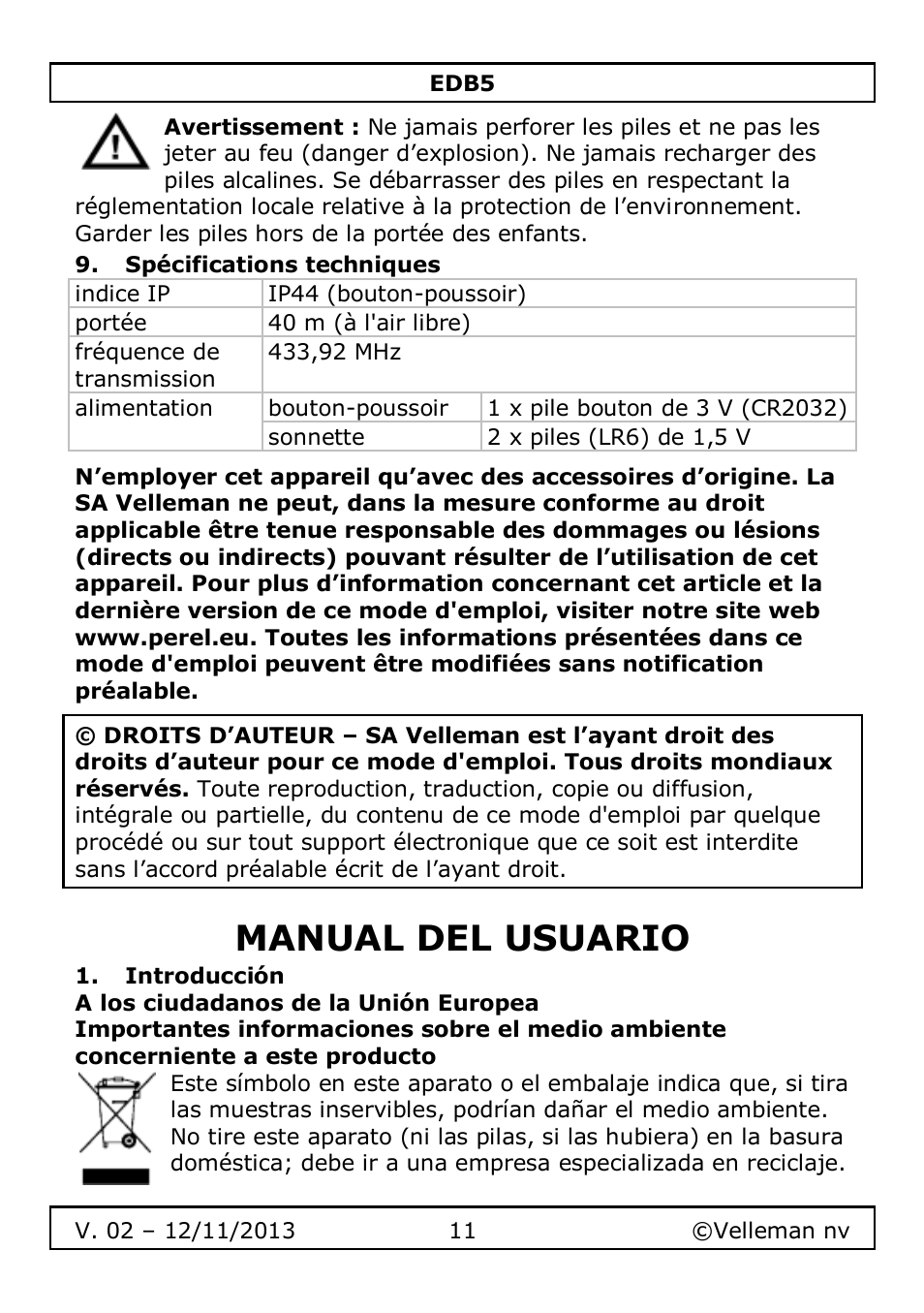 Spécifications techniques, Manual del usuario, Introducción | Velleman EDB5 User Manual | Page 11 / 28