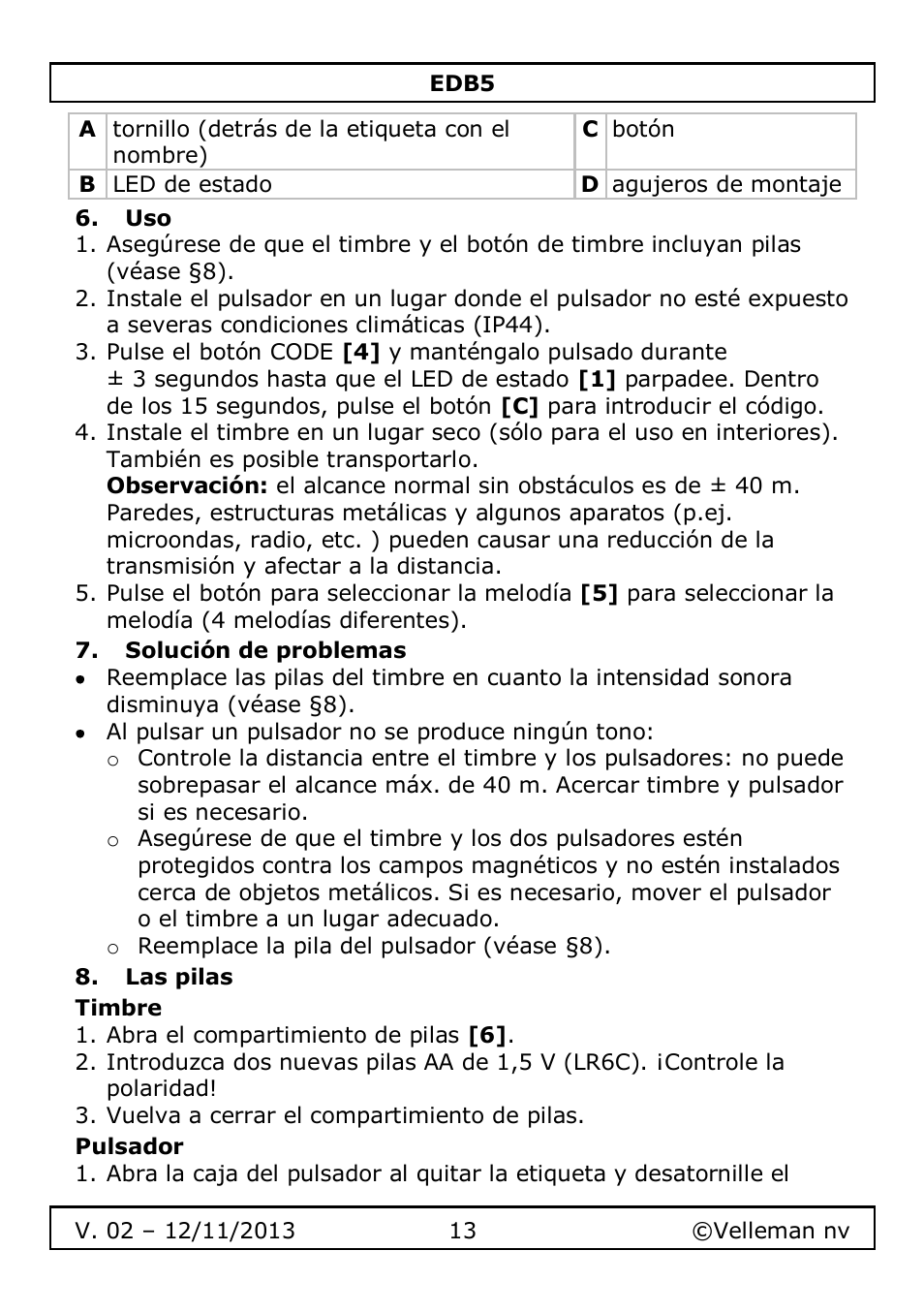 Solución de problemas, Las pilas, Timbre | Pulsador | Velleman EDB5 User Manual | Page 13 / 28