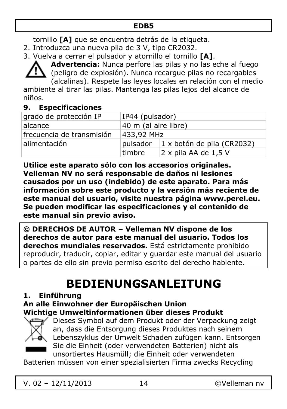 Especificaciones, Bedienungsanleitung, Einführung | Velleman EDB5 User Manual | Page 14 / 28