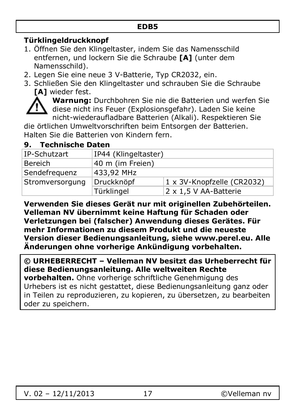 Türklingeldruckknopf, Technische daten | Velleman EDB5 User Manual | Page 17 / 28