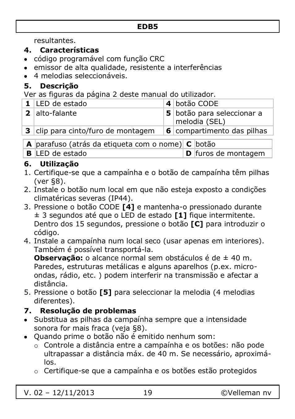 Características, Descrição, Utilização | Resolução de problemas | Velleman EDB5 User Manual | Page 19 / 28