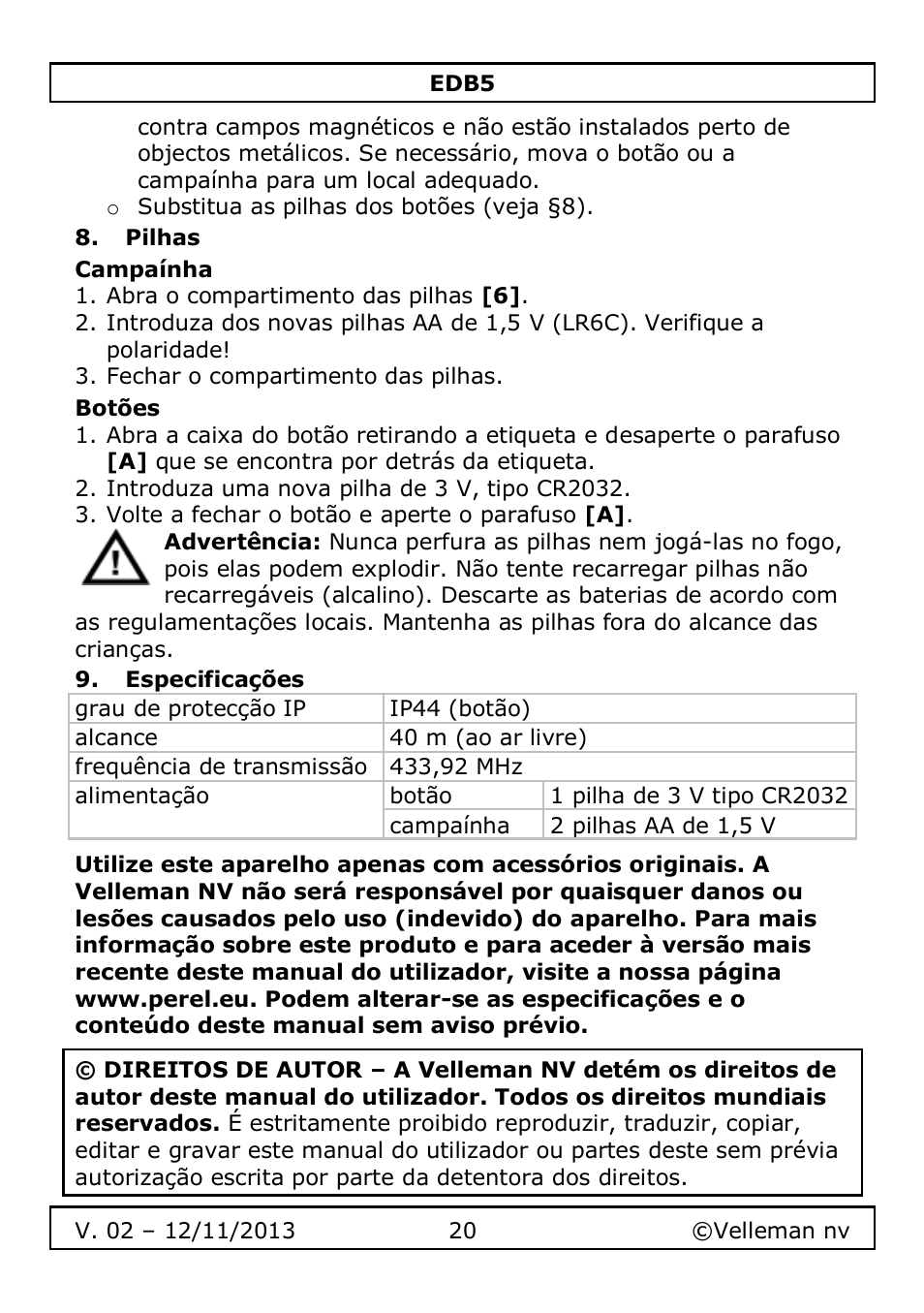 Pilhas, Campaínha, Botões | Especificações | Velleman EDB5 User Manual | Page 20 / 28