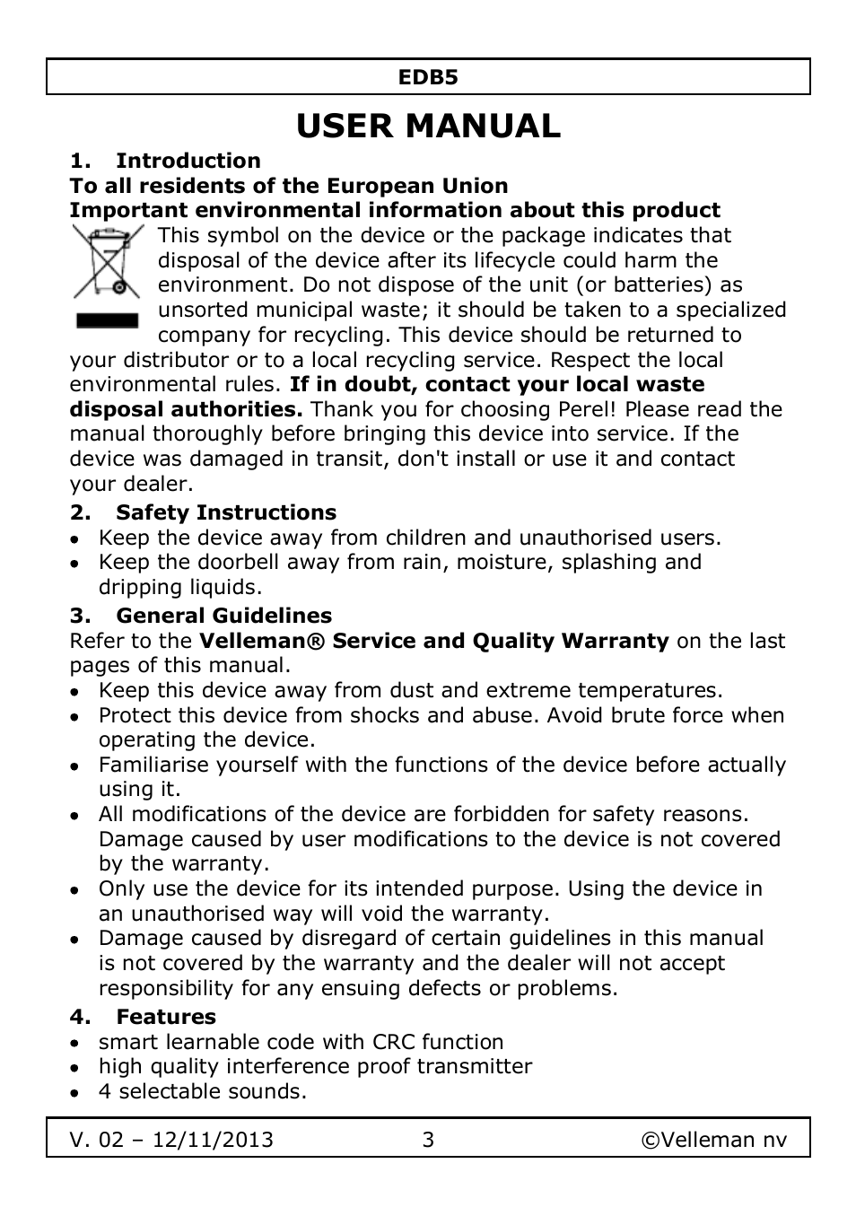 User manual, Introduction, Safety instructions | General guidelines, Features | Velleman EDB5 User Manual | Page 3 / 28