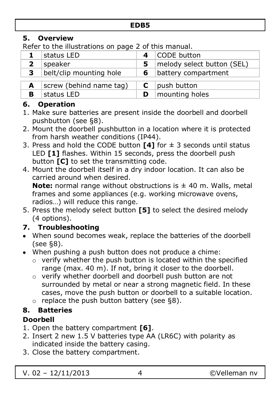 Overview, Operation, Troubleshooting | Batteries, Doorbell | Velleman EDB5 User Manual | Page 4 / 28