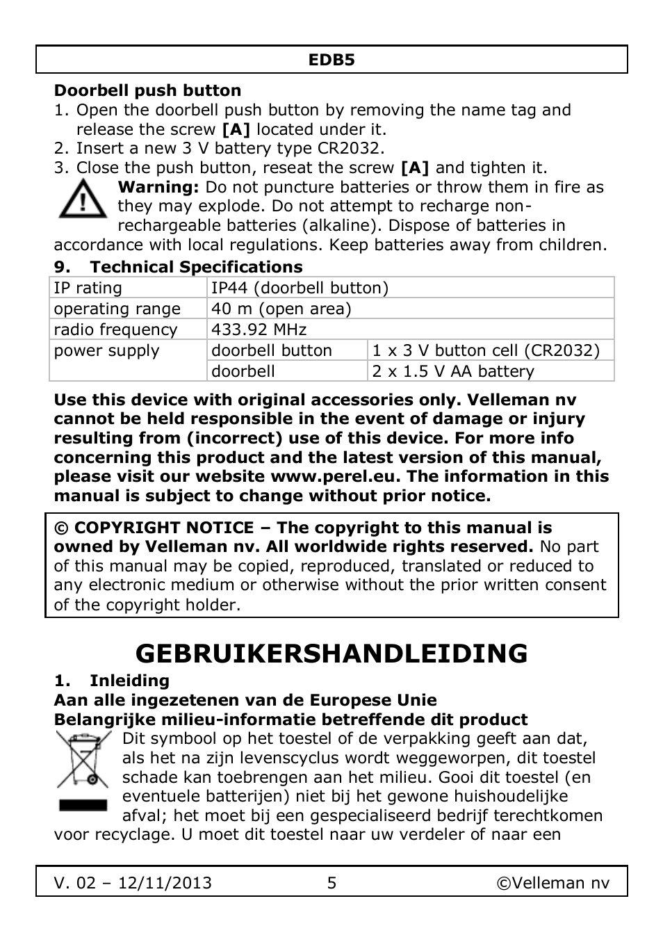 Doorbell push button, Technical specifications, Gebruikershandleiding | Inleiding | Velleman EDB5 User Manual | Page 5 / 28